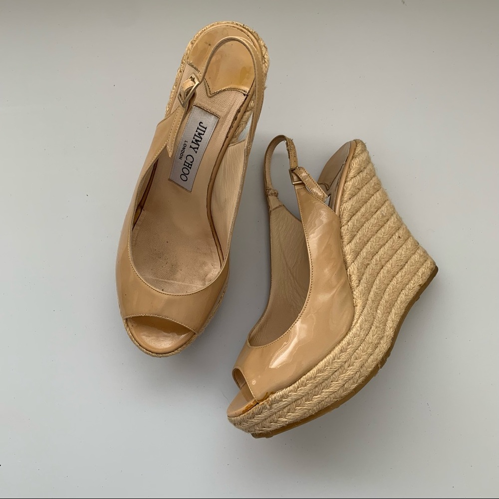 Jimmy Choo Patent Leather Tan Espadrille Wedges Slingback Size 38